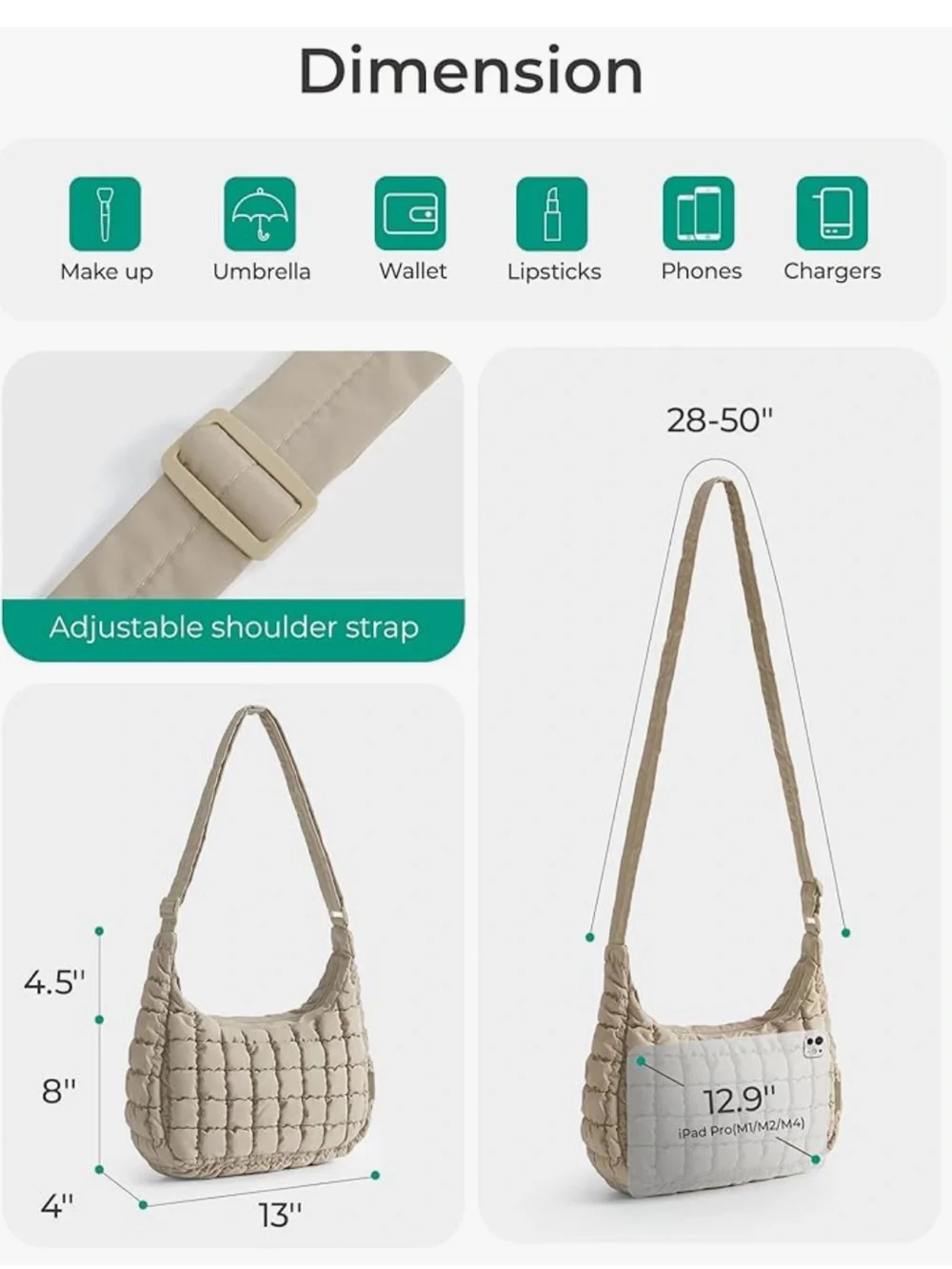 NWOT Quilted Hobo Shoulder Bag in Beige